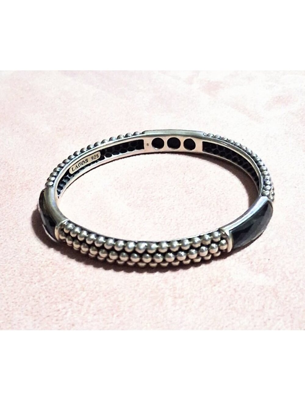 Lagos Caviar 3 Station Quartz Onyx Doublet Sterling Bangle Size 7.4 Inch 7mm